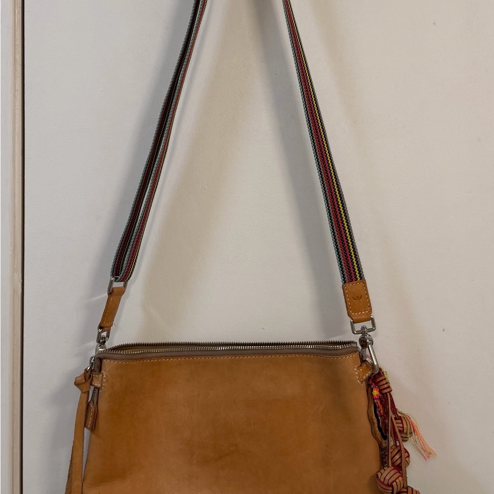 Leather Tan Crossbody with Multicolor Woven Strap